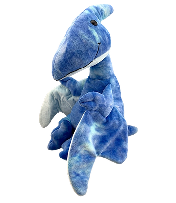 Blue plush pterodactyl toy with a friendly smile and soft wings.