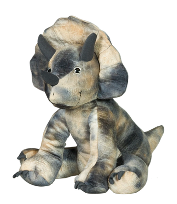 Stuffed triceratops toy with a friendly expression.