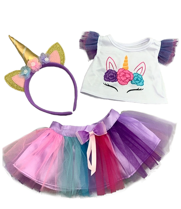 Colorful unicorn costume set with headband, tutu skirt, and top.