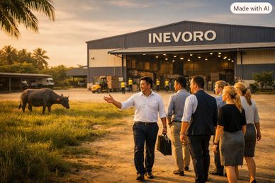 Business group observing buffalo near a warehouse.