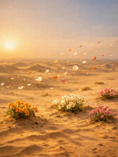 Flowers blooming in a desert at sunset.
