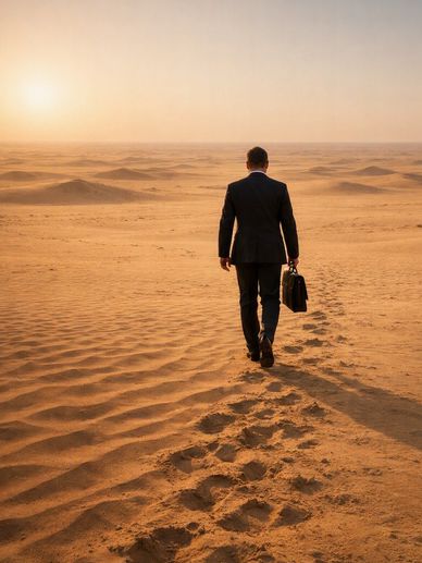 Man in suit walking alone in desert.