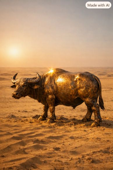 Golden buffalo statue in a desert at sunset.