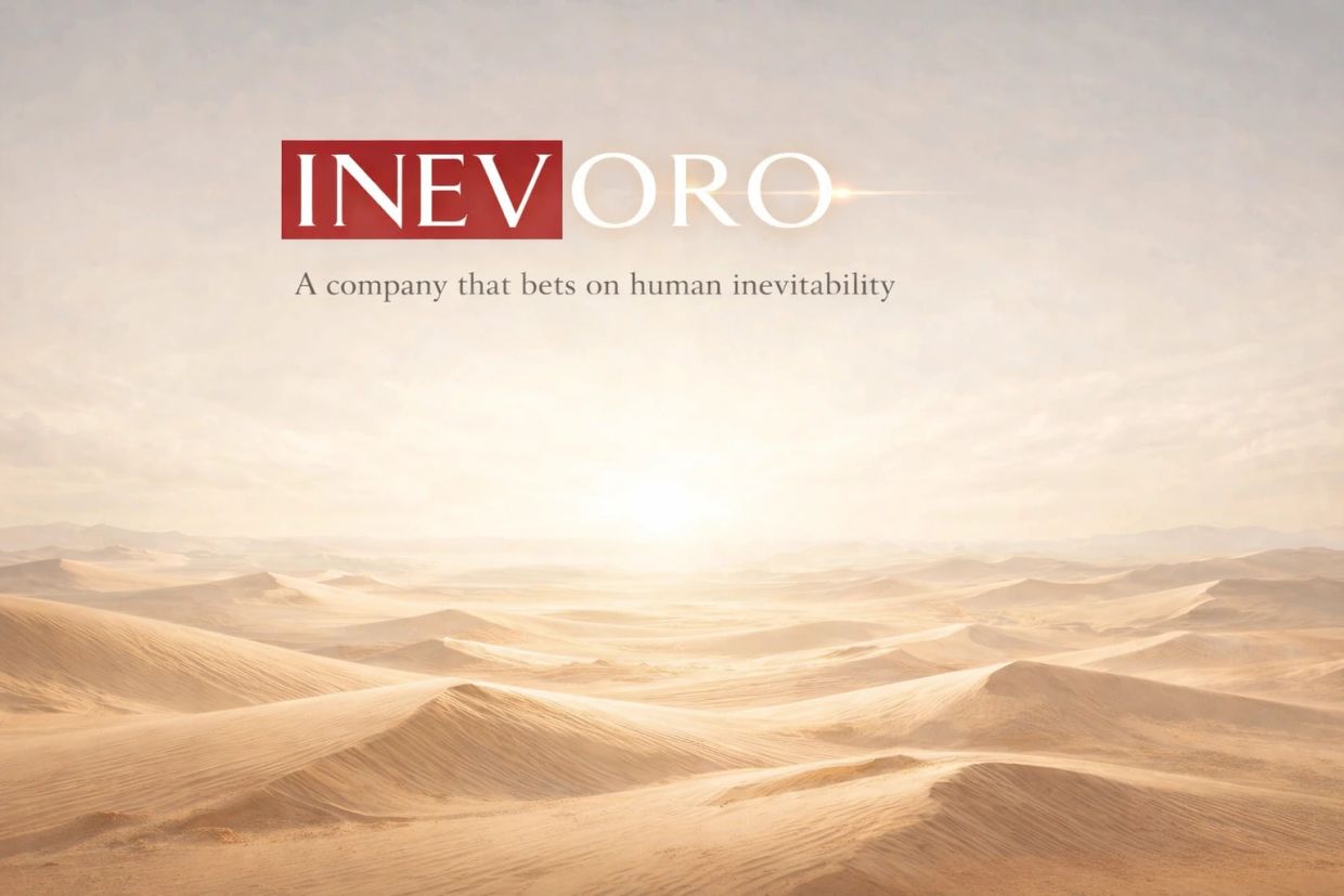 Desert landscape with INEVORO company logo and slogan.