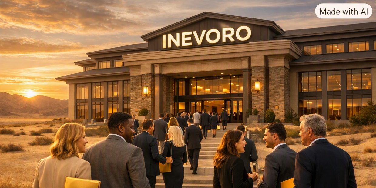 People entering INEVORO at sunset in a business setting.