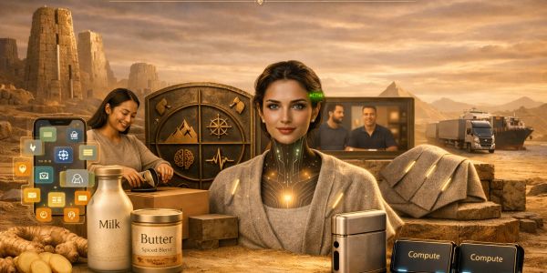 AI-powered futuristic product universe with technology, dairy goods, and logistics.