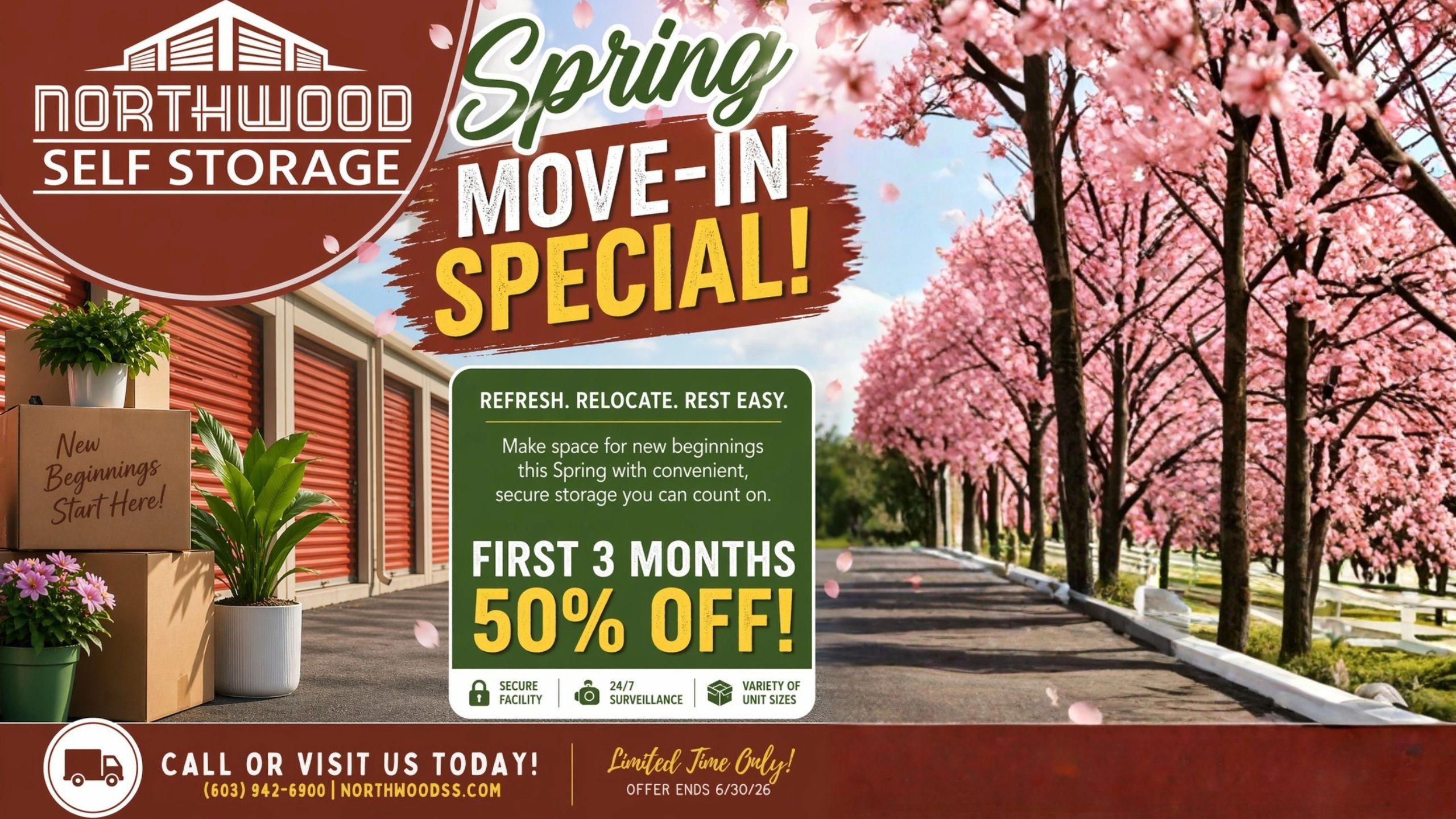 Spring move-in special at Northwood Self Storage with 50% off first 3 months.
