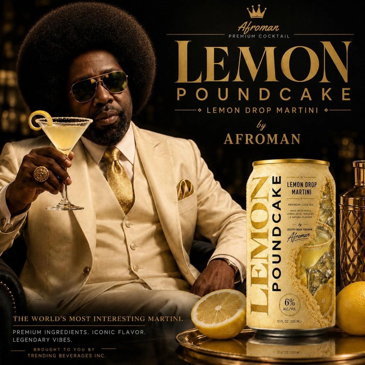 A stylish man in a beige suit holds a lemon martini, promoting Afroman's Lemon Poundcake cocktail.