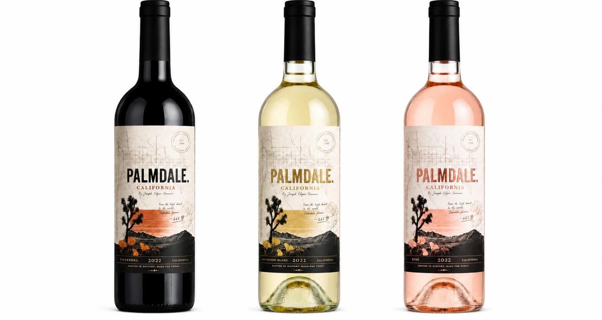 Three bottles of Palmdale California wine in red, white, and rosé varieties.