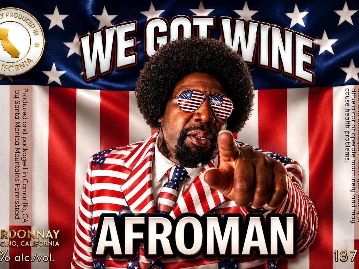 Afroman in patriotic suit pointing, with text 'We Got Wine'.