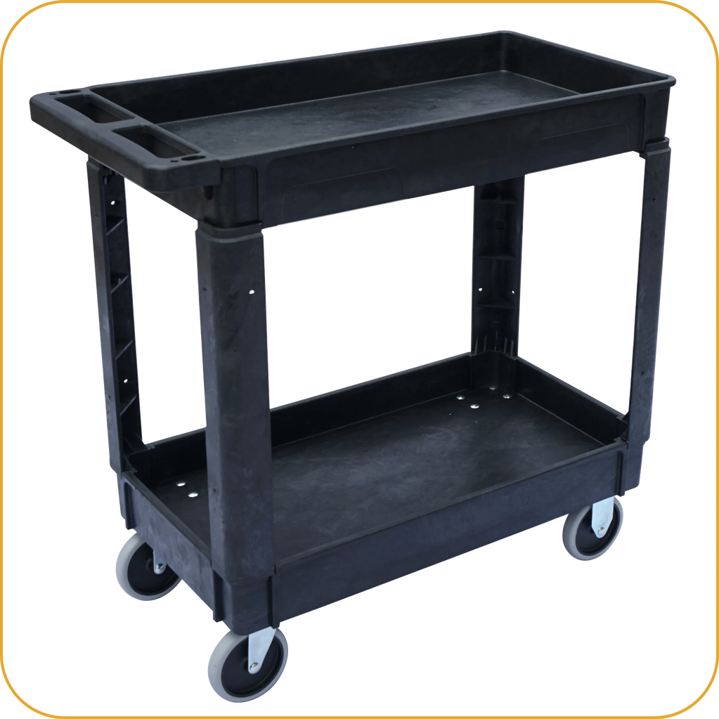 Plastic cart, tool cart on wheels, rolling cart, service carts, utility cart, heavy-duty cart.
