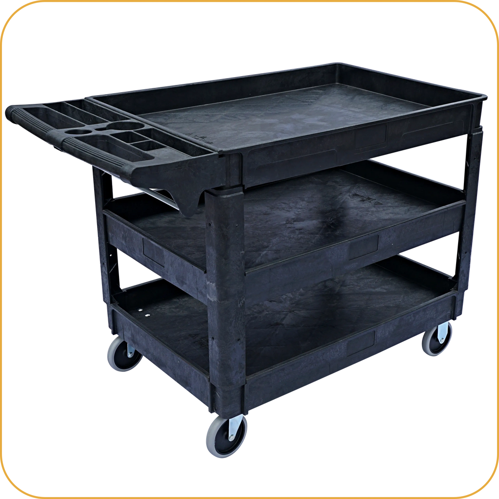Plastic cart, tool cart on wheels, rolling cart, service carts, utility cart, heavy-duty cart.
