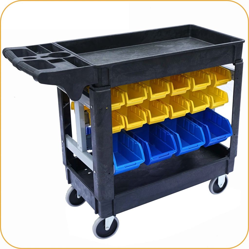 Plastic cart, tool cart on wheels, rolling cart, service carts, utility cart, heavy-duty cart.
