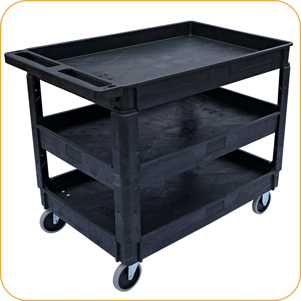 Plastic cart, tool cart on wheels, rolling cart, service carts, utility cart, heavy-duty cart.
