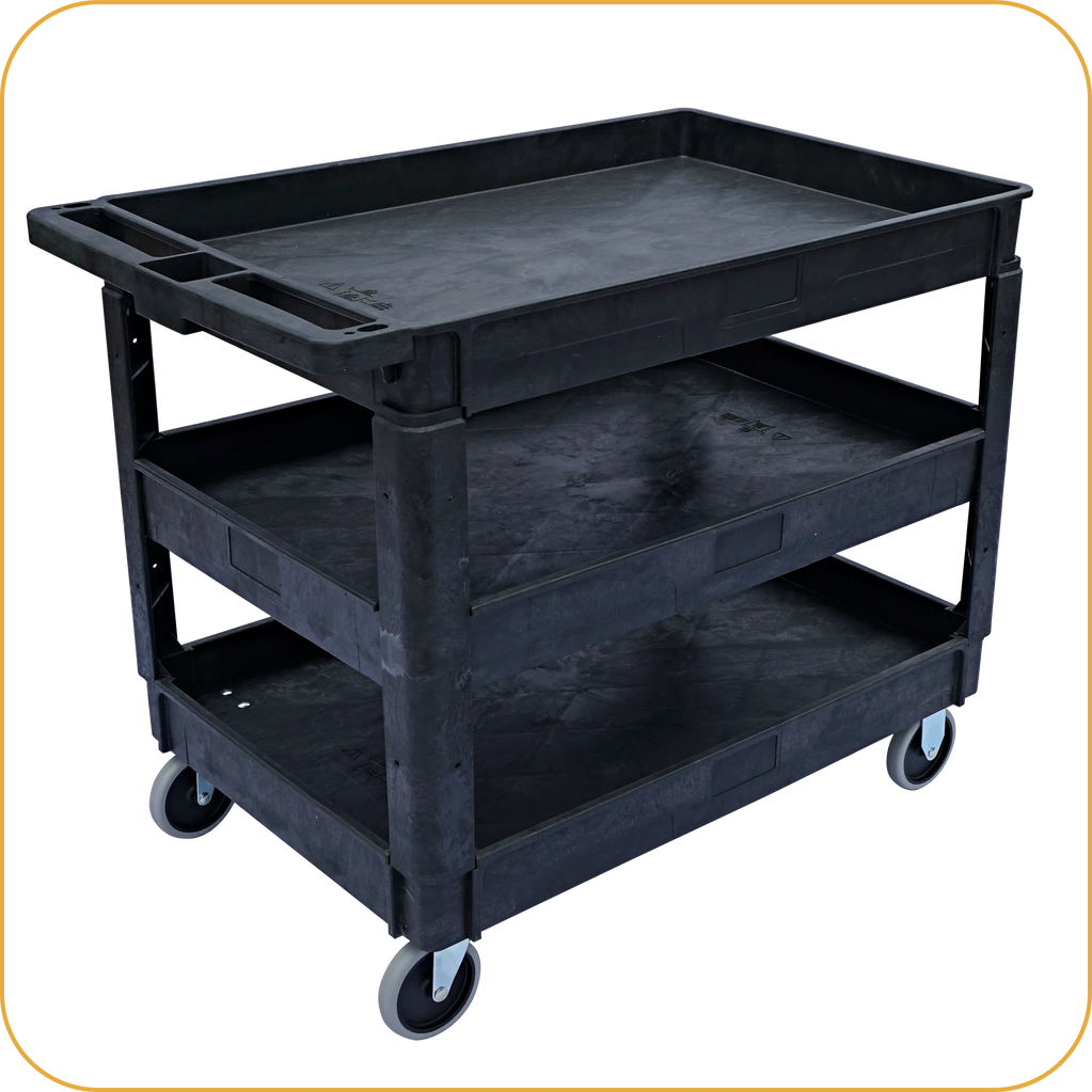 Plastic cart, tool cart on wheels, rolling cart, service carts, utility cart, heavy-duty cart.
