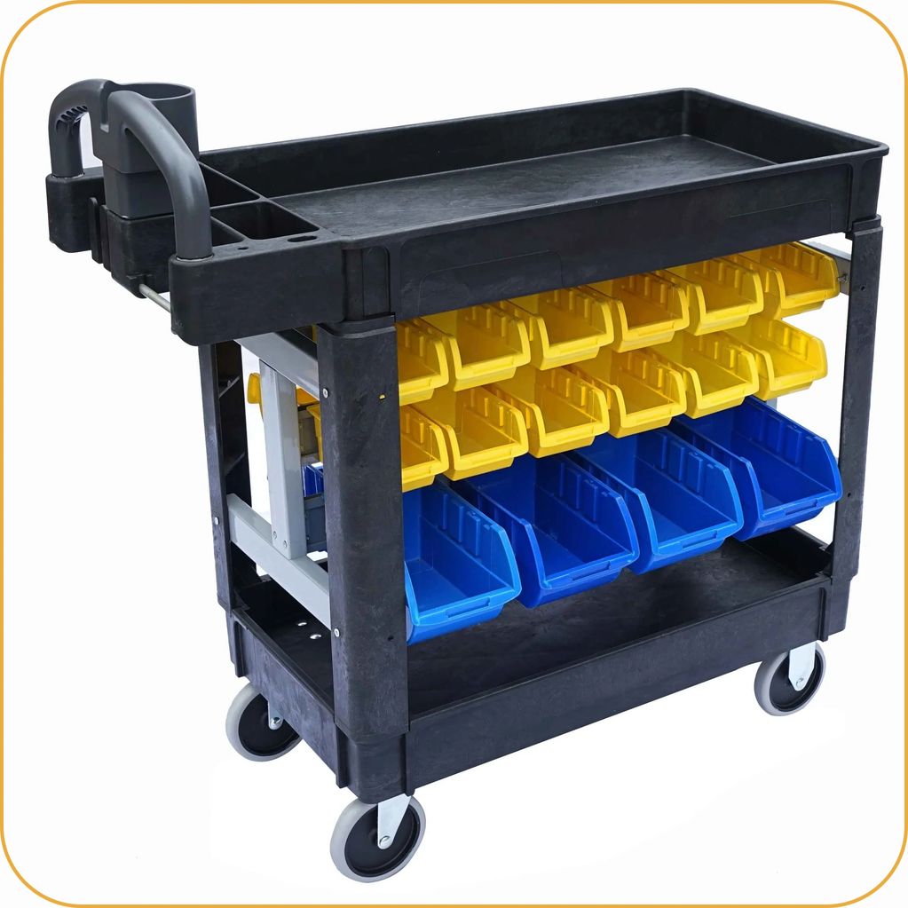 Plastic cart, tool cart on wheels, rolling cart, service carts, utility cart, heavy-duty cart.
