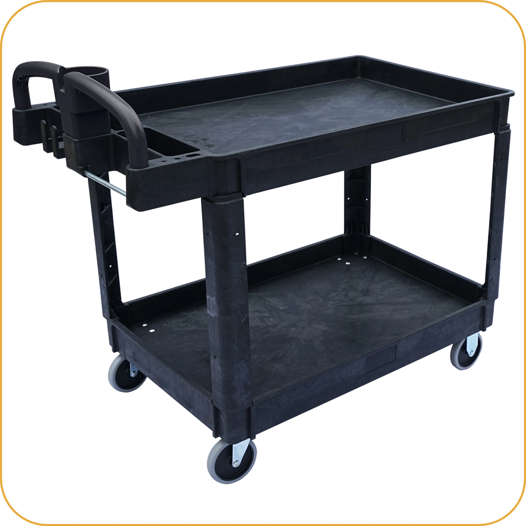 Plastic cart, tool cart on wheels, rolling cart, service carts, utility cart, heavy-duty cart.
