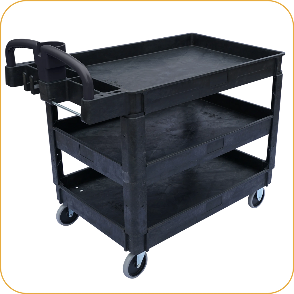 Plastic cart, tool cart on wheels, rolling cart, service carts, utility cart, heavy-duty cart.
