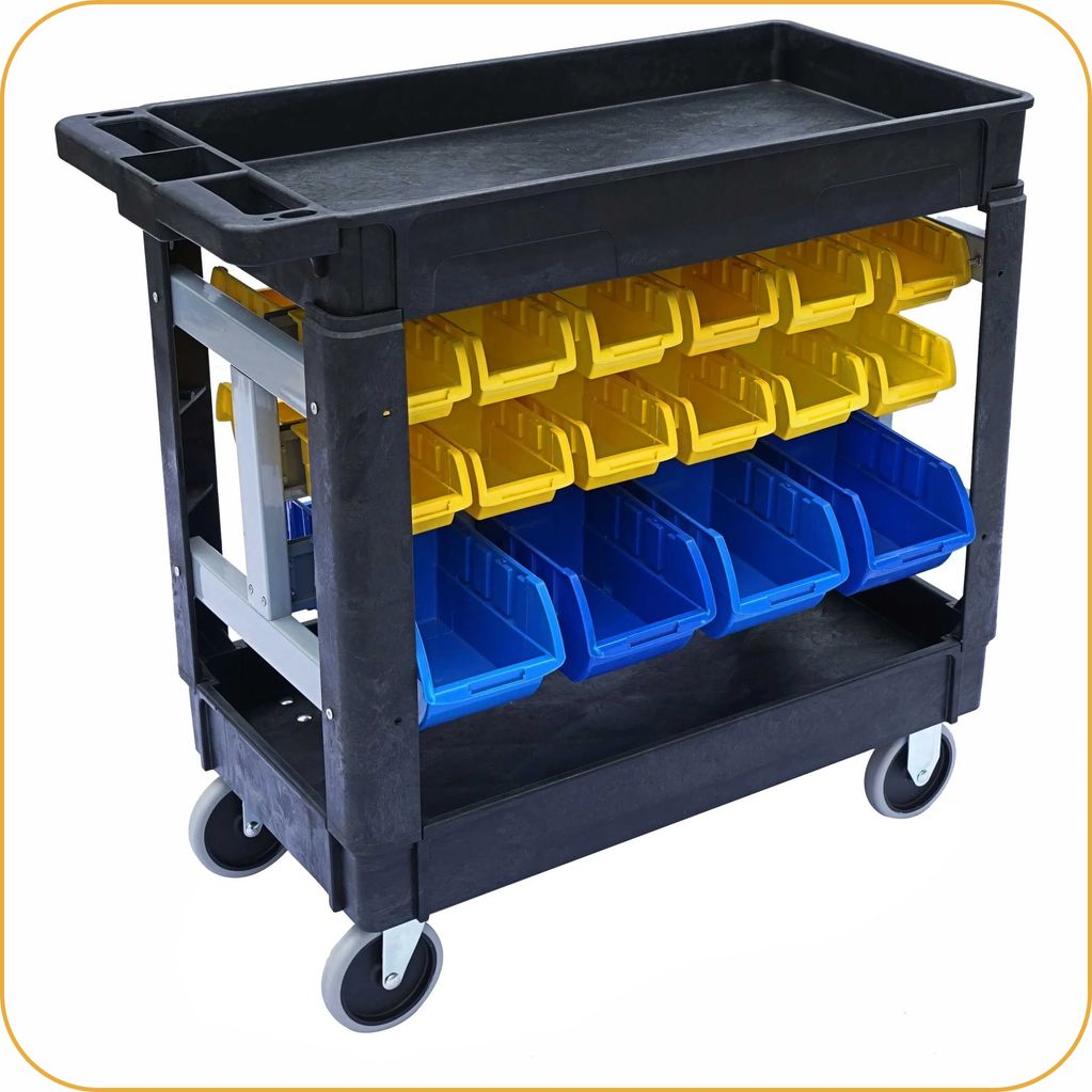 Plastic cart, tool cart on wheels, rolling cart, service carts, utility cart, heavy-duty cart.
