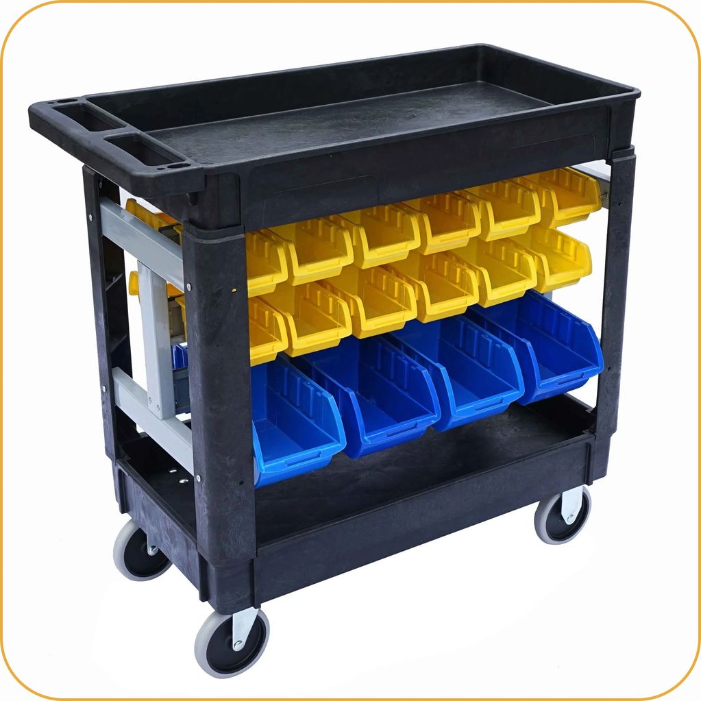 Plastic cart, tool cart on wheels, rolling cart, service carts, utility cart, heavy-duty cart.
