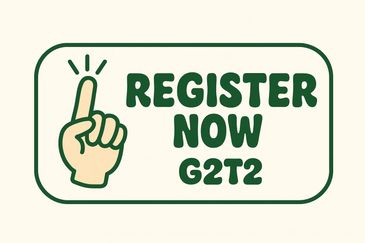 Illustration of a hand pointing up with text 'REGISTER NOW G2T2'.