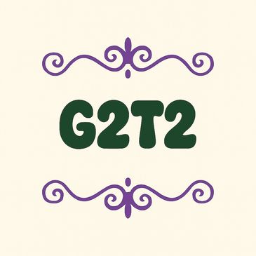 Text 'G2T2' with decorative purple swirls above and below on cream background.
