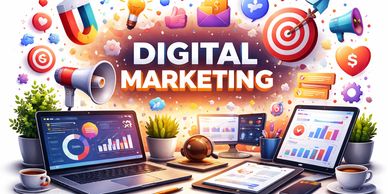 Colorful digital marketing concept with laptops and charts.