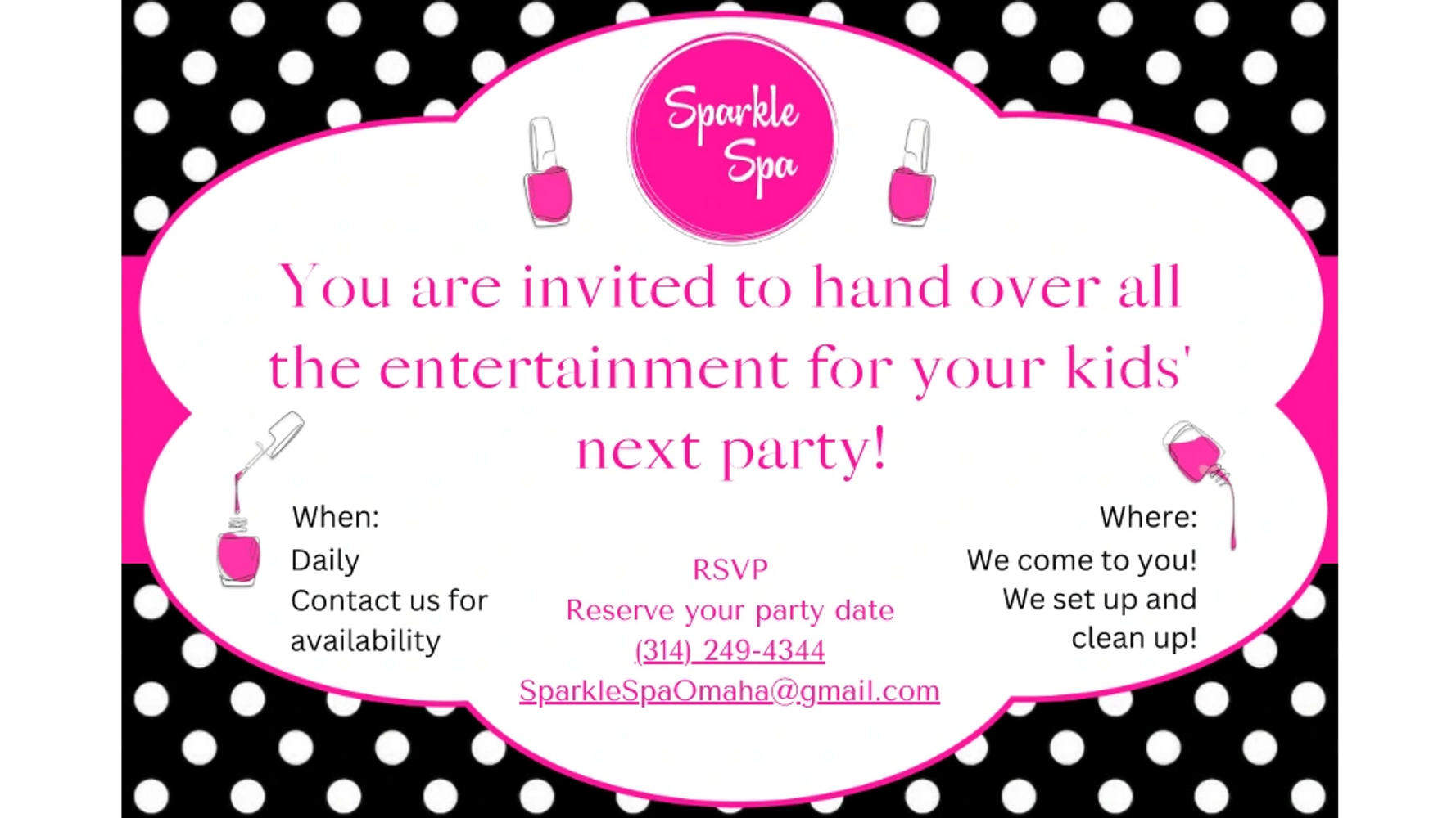 Sample Sparkle Spa invitation that reads: You are invited to hand over all the entertainment for you