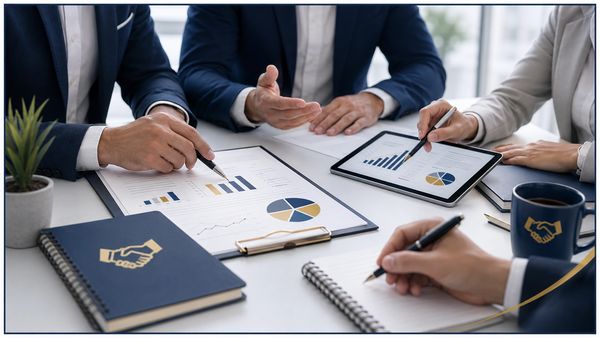 Business professionals discussing charts and graphs during a meeting.
