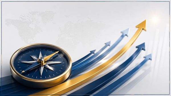 A compass with rising arrows symbolizing growth and direction.