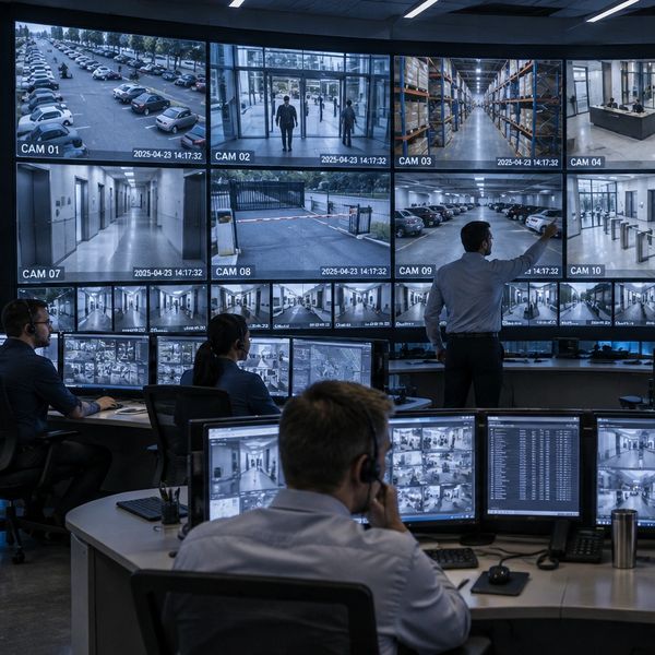 Security control room with multiple monitors and staff monitoring surveillance cameras.