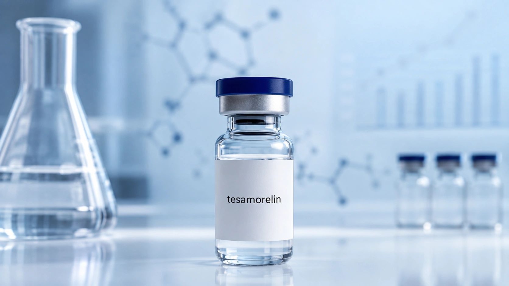 A vial labeled tesamorelin in a lab setting.