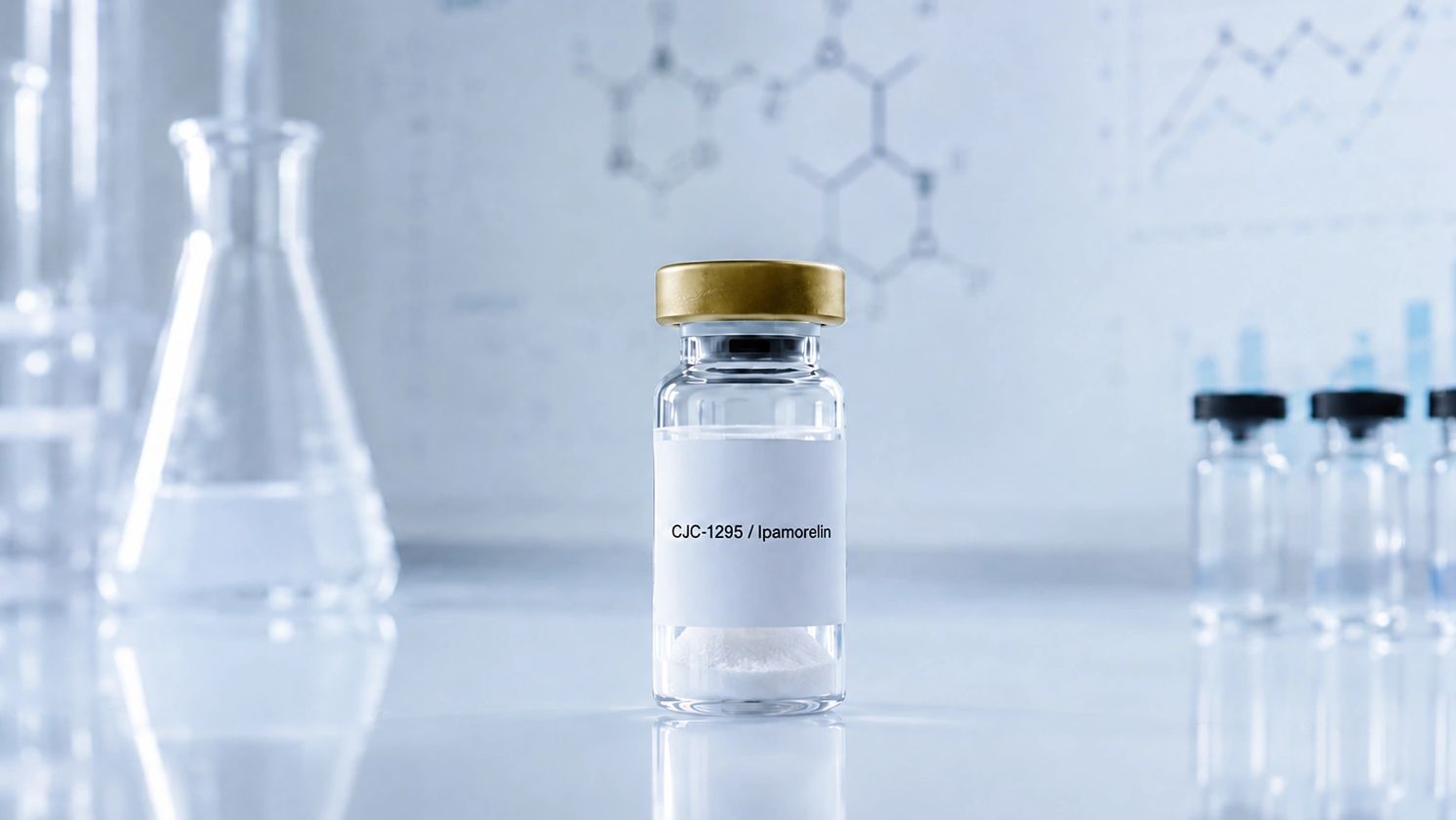 Vial of CJC-1295 / Ipamorelin in a lab setting.