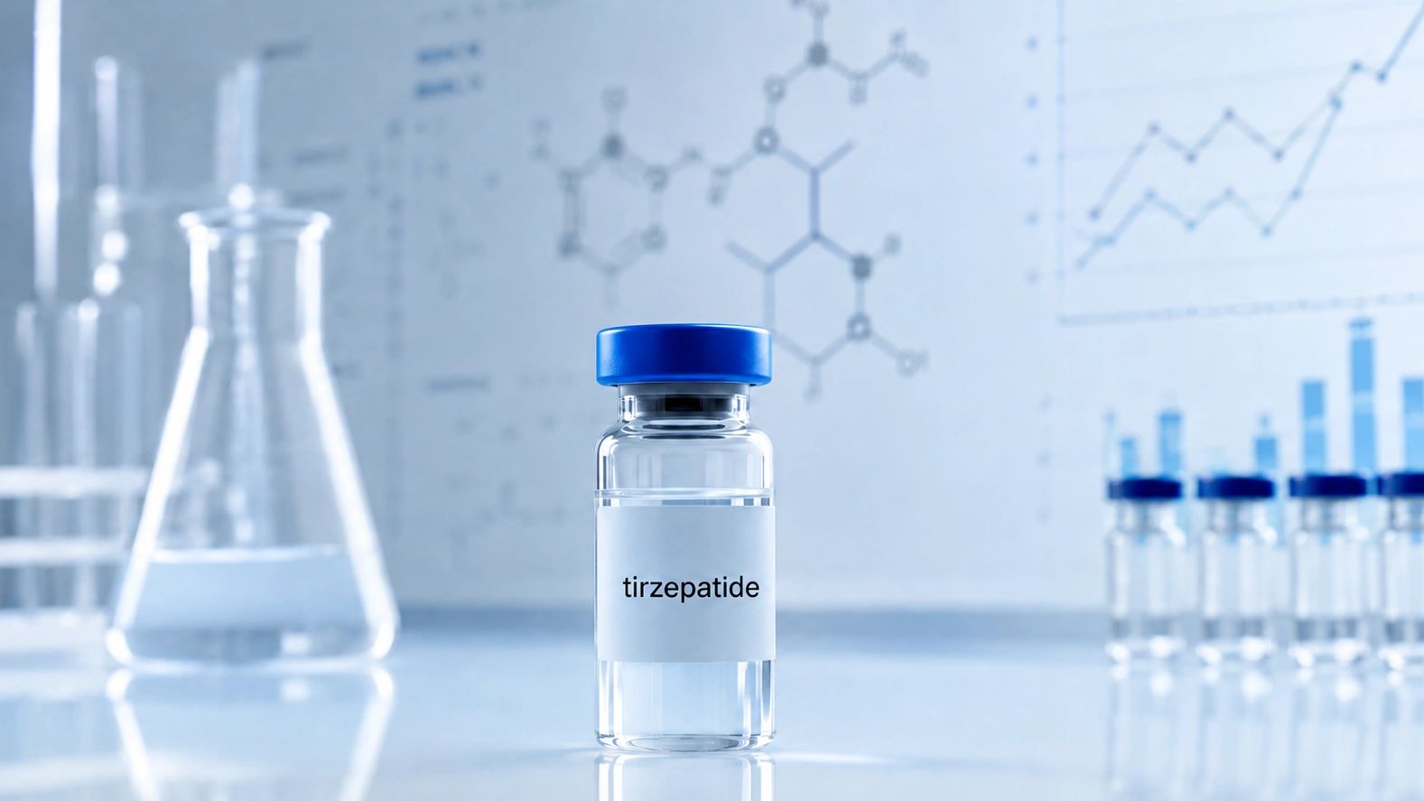 Vial labeled Tirzepatide in a lab setting.