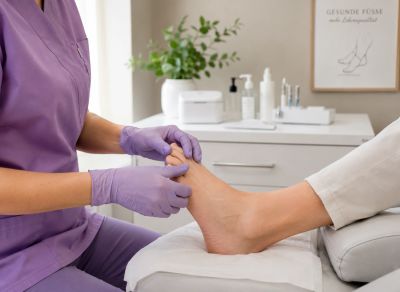 A podiatrist examining a patient's foot in a clinical setting.
