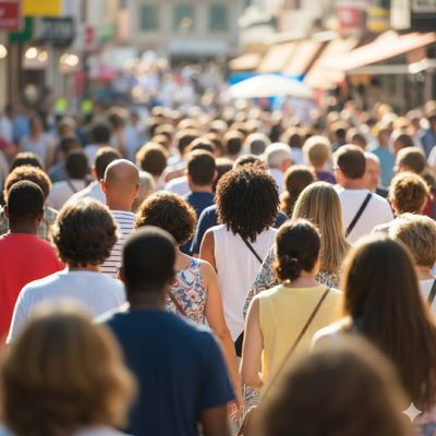 Diverse crowd walking down a busy street on a sunny day.