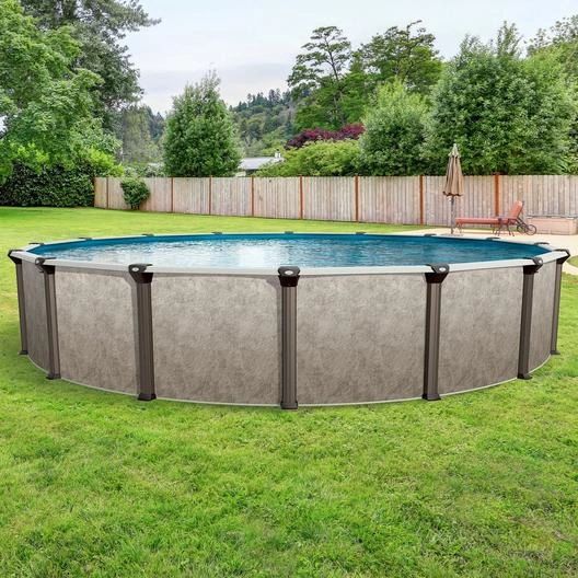 Above-ground pool in a backyard with green grass and trees.