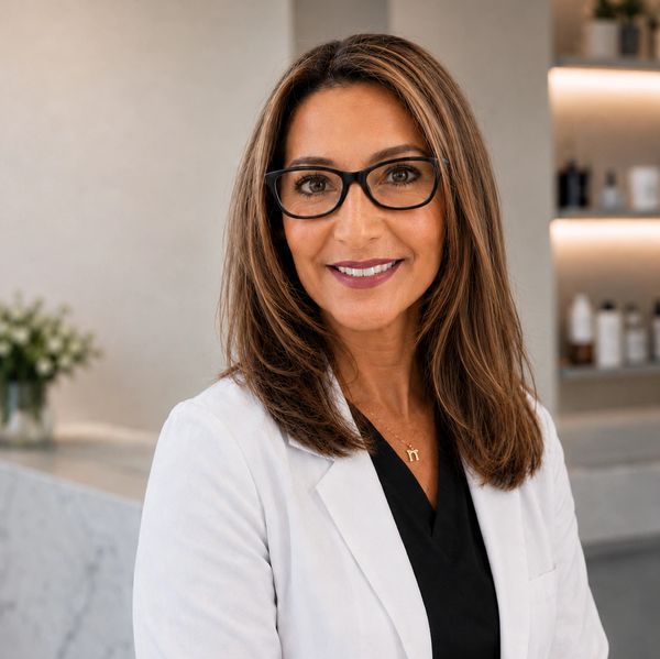 Professional woman in glasses and white coat smiling indoors.