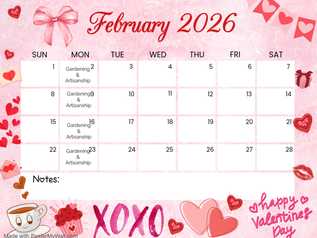 February 2026 calendar with Valentine's Day decorations and Gardening & Artisanship events on Mondays.