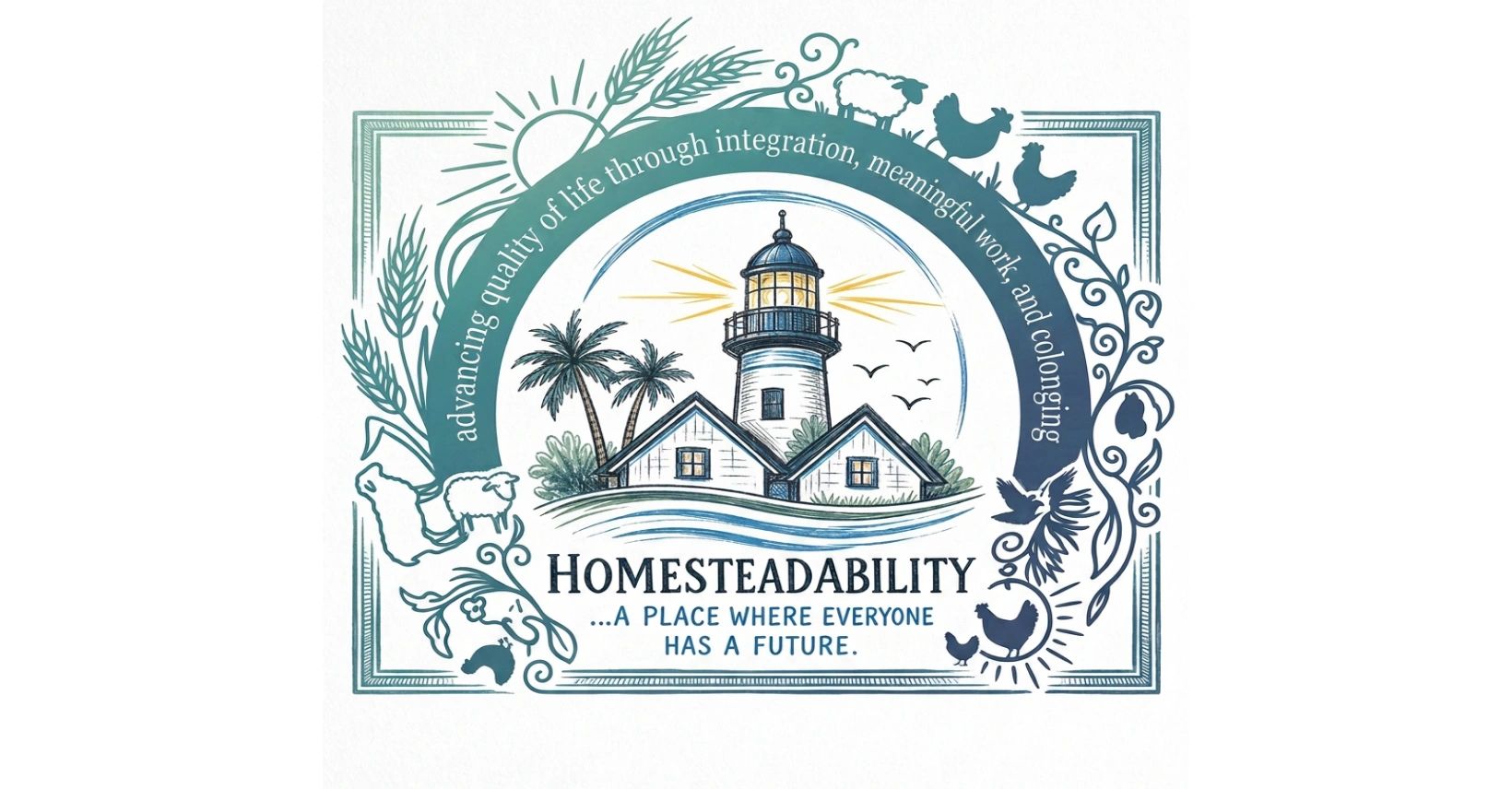 Illustration of a lighthouse with farm animals around and a hopeful message about homesteadability.