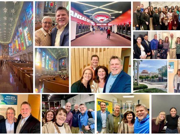 A collage of group photos and event scenes featuring smiling people and colorful stained glass windows.