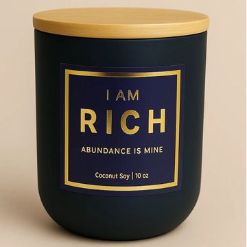 I AM RICH affirmation candle in matte navy vessel with gold foil label and wooden lid, coconut soy
