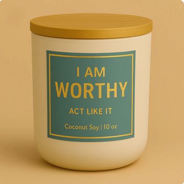 I AM WORTHY affirmation candle in cream matte jar with coconut soy 10 oz.