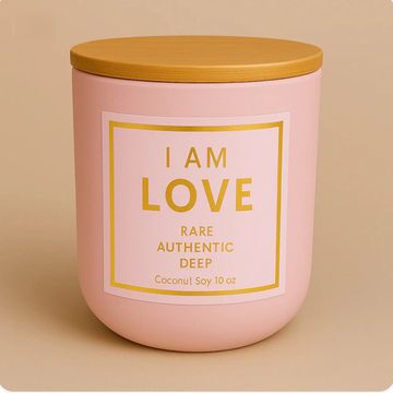 I AM LOVE affirmation candle in soft pink matte vessel with gold foil label, coconut soy 10 oz.
