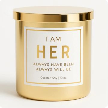 Luxury I AM HER affirmation candle in metallic gold vessel with gold foil label, coconut soy 10 oz.
