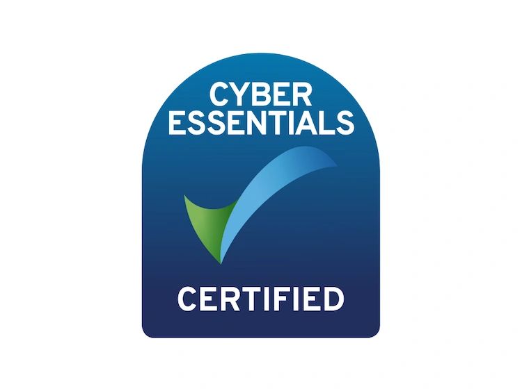 Blue and green Cyber Essentials Certified badge with checkmark.