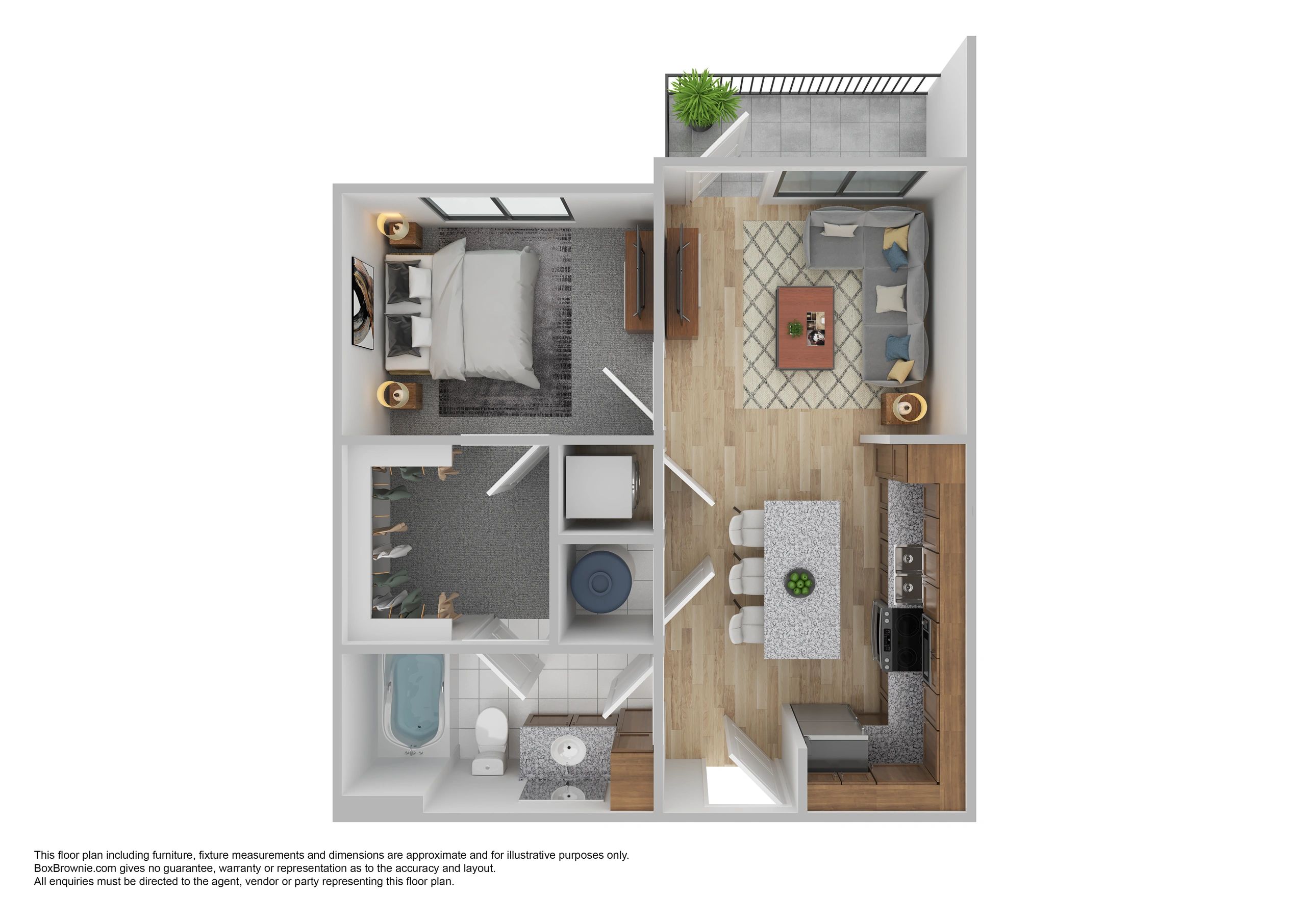 Modern one-bedroom apartment layout with balcony and open kitchen-living area.