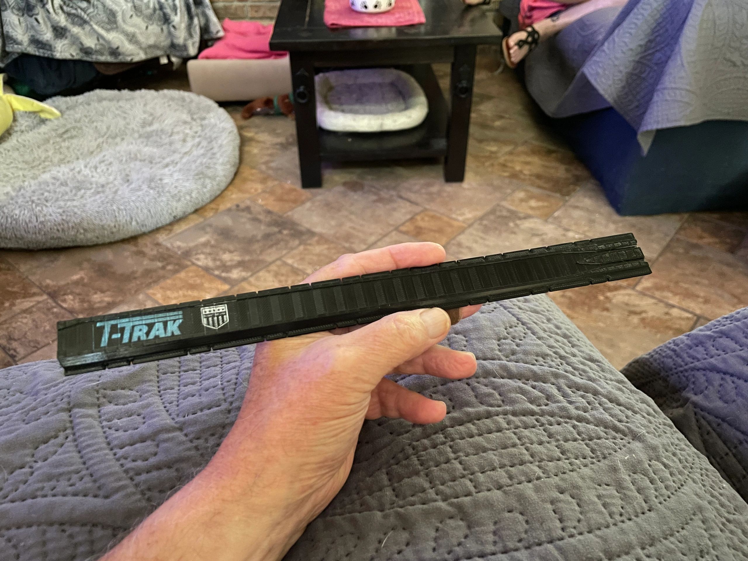 Hand holding a T-TRAK black model train track piece.