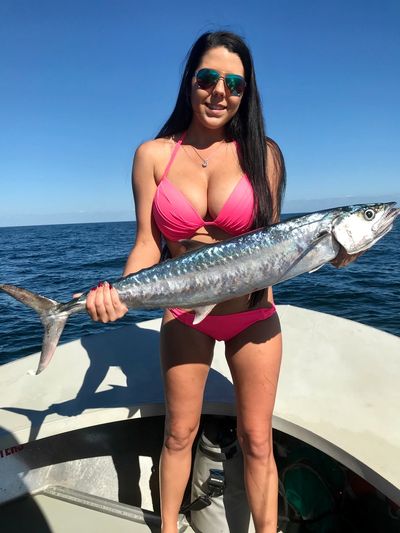 Woman in pink bikini holding a large fish on a boat under clear blue sky.