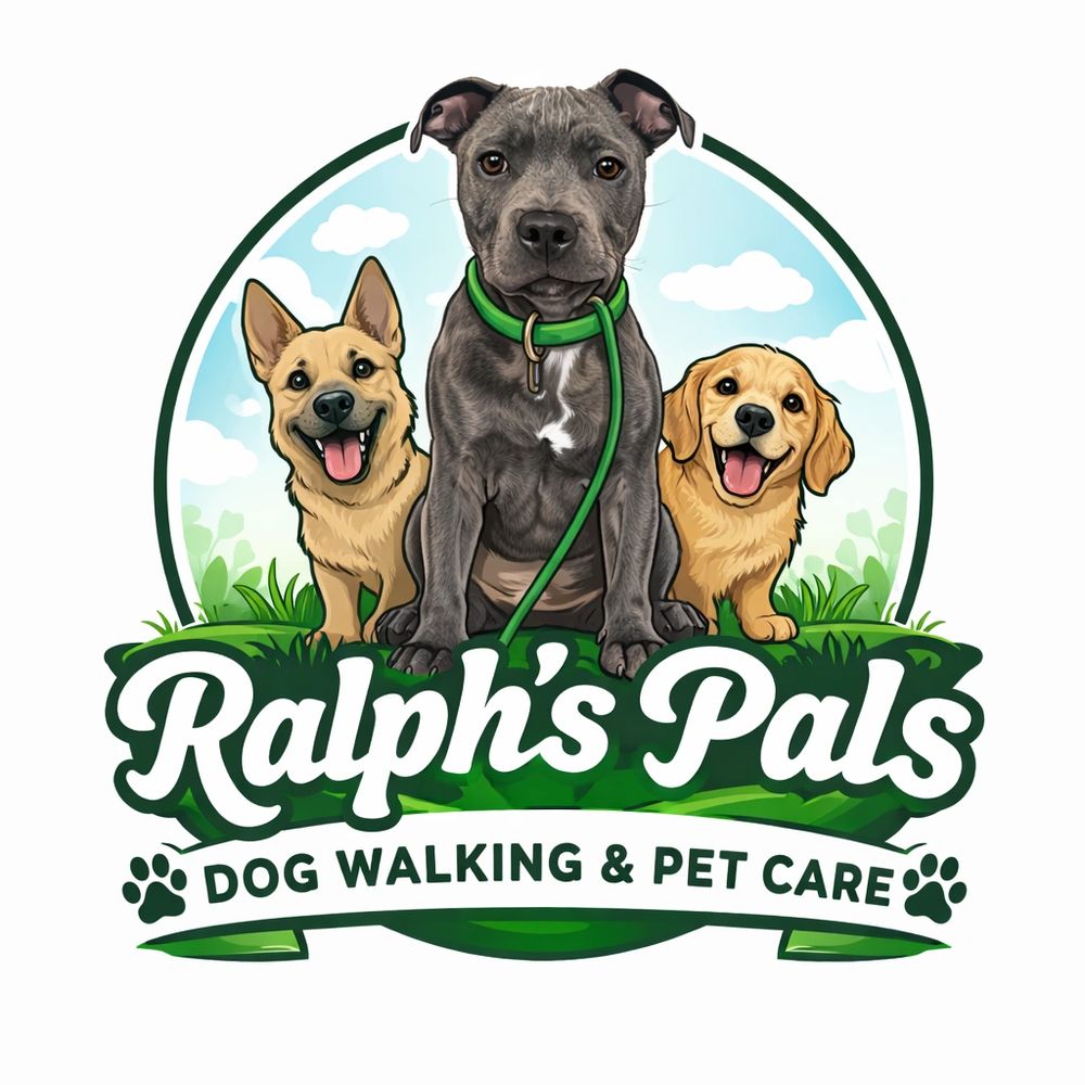 Logo with three happy dogs for Ralph's Pals dog walking and pet care service.